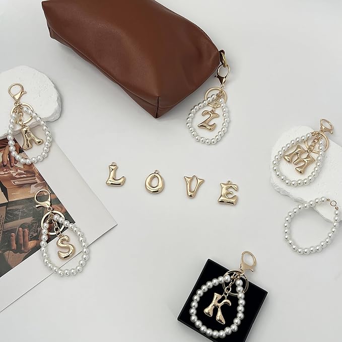 Gold Bubble Heart, Cherry, Bow & More Designs Letter Initial Keychain Bag Charms – Cute Purse Charms for Handbags