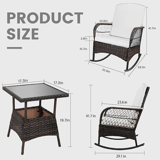 3pcs Modern PE Wicker Outdoor Rocking Chairs & Glass Table Set - Image 3