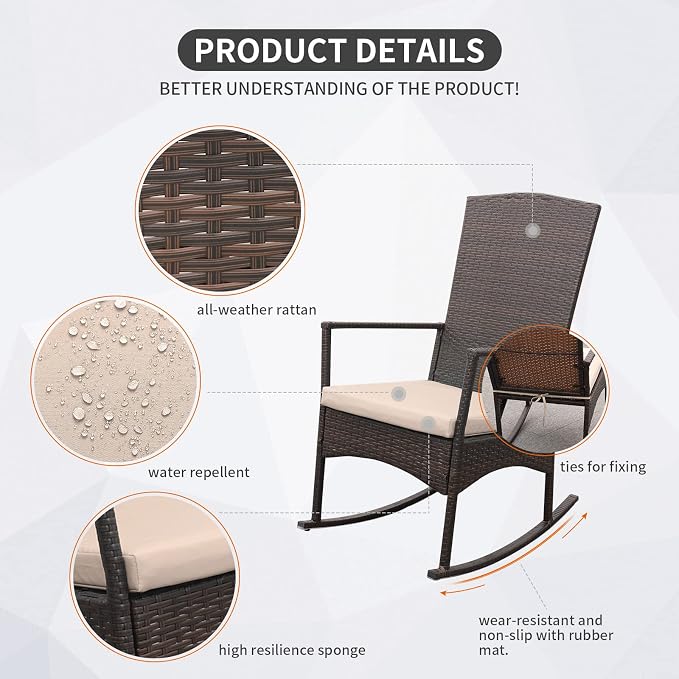 Outdoor HDPE Wicker Rocking Chair 3-Piece Patio Rattan Bistro Set 2 Rocker - Image 5