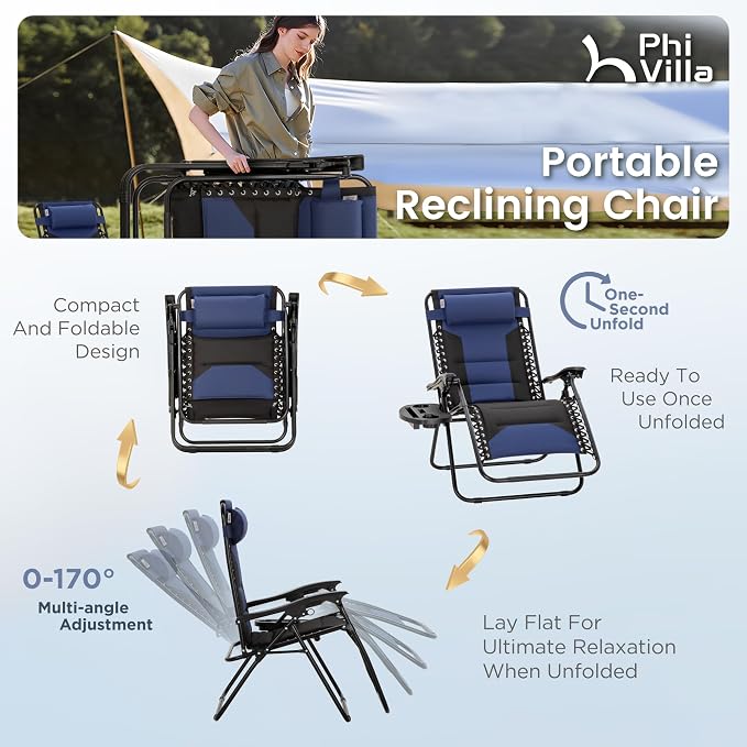 PHI VILLA Padded Zero Gravity Chair Set of 2, Cup Holder, 28in Seat, Supports - Image 8