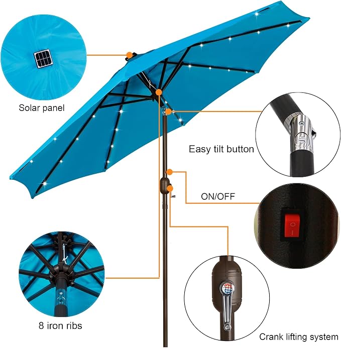 9 ft Solar Umbrella, 32 LED Lighted Patio Umbrella, Table Market Umbrella - Image 3