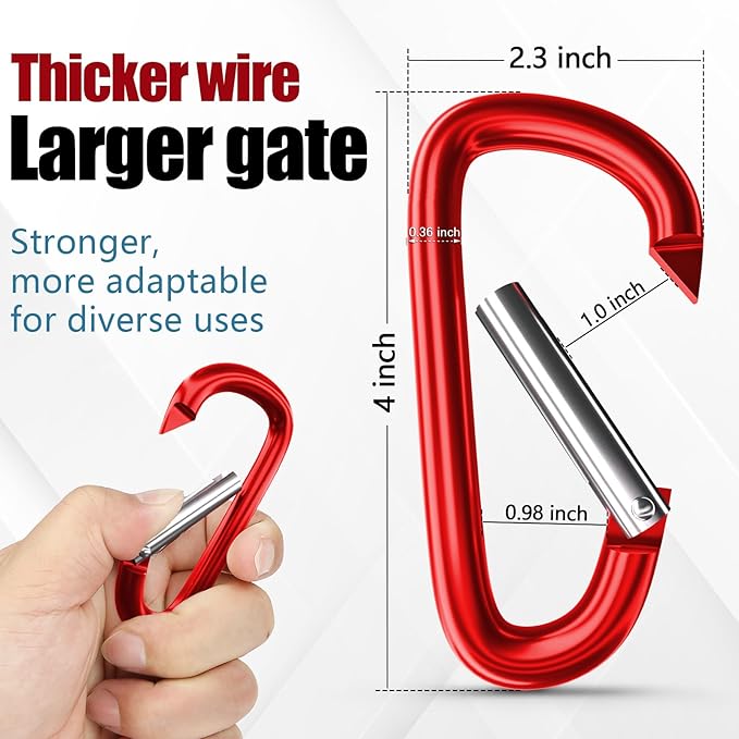 sprookber 4" & 5" Extra Large Aluminum Carabiner D Ring, Caribeener Clips, Spring Snap Hook for Keychain Clip, Set of 4