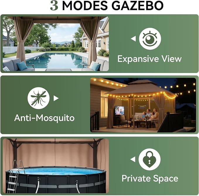 Aoxun 10x10FT Metal Frame Outdoor Gazebo w/Light, Khaki | UPF50+ Protection - Image 6