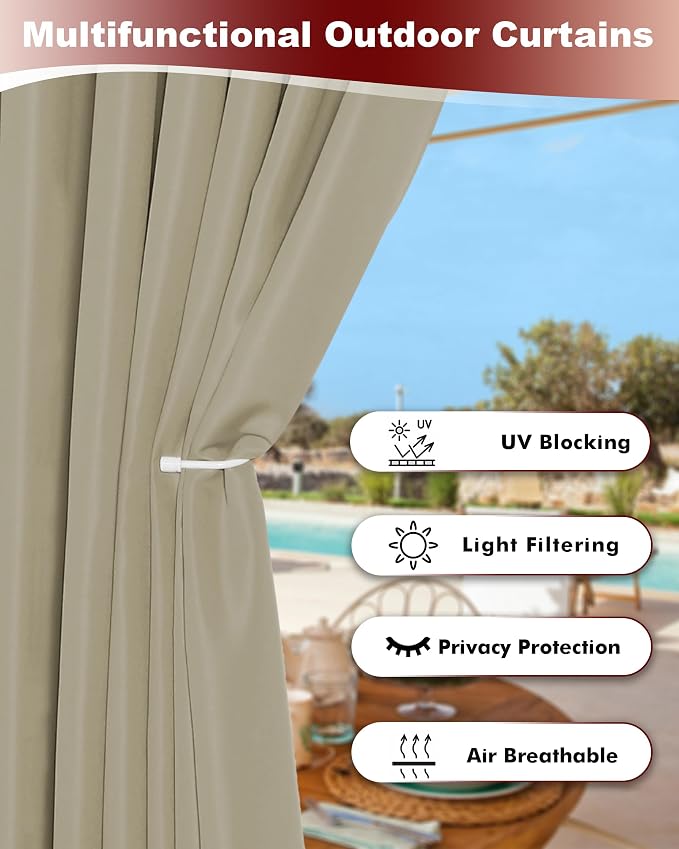 Grommet Outdoor Curtains for Patio Waterproof 8 Pcs 54x95 In Taupe | - Image 3