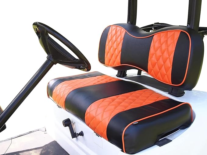 Huskey Golf Cart Front Rear Seat Covers for Club Car DS 2000.5-UP Models, Custom Fit, Black/Orange Diamond Stitching, Marine Grade Vinyl Material, Staple on