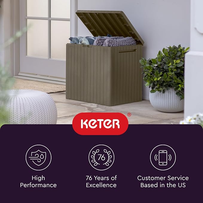 Keter City 30 Gal Outdoor Storage Box and Patio Side Table | Taupe, Weatherproof - Image 11