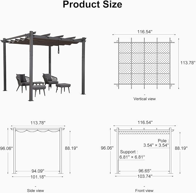 PURPLE LEAF Outdoor Pergola 10' X 10' Retractable Canopy Aluminum, Custom Shade - Image 7