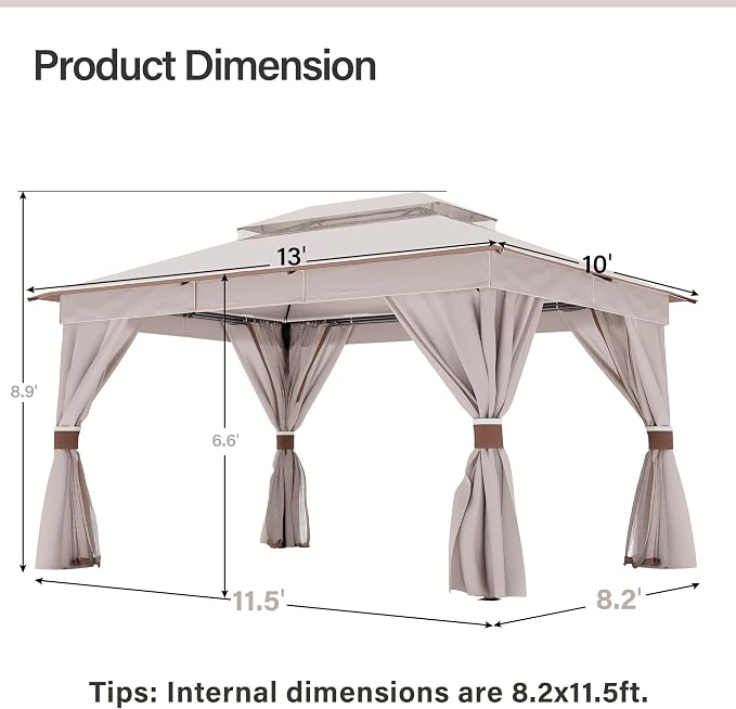 10'x13' Outdoor Gazebo, Metal Frame Heavy Duty Patio Canopy Tent Shelter - Image 2