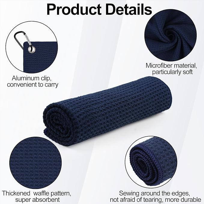 3 Pack 16" X 16" Golf Towels for Golf Bags for Men, Premium Waffle-Pattern Golf Towel with Carabiner Clip, Super Absorbent Microfiber Towel, Golf Accessories for Men, 3 Stain-Resistant Colors