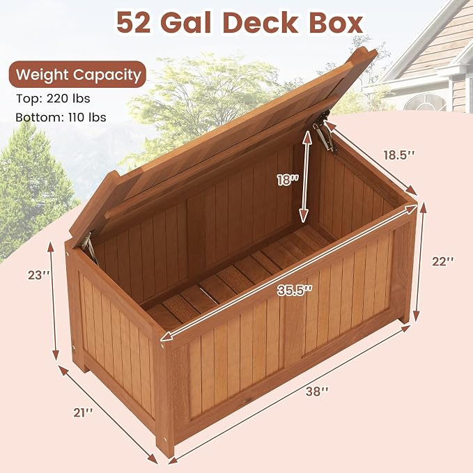 Tangkula 52 Gallon Wood Outdoor Storage Box, 3-in-1 Patio Storage Bench - Image 3