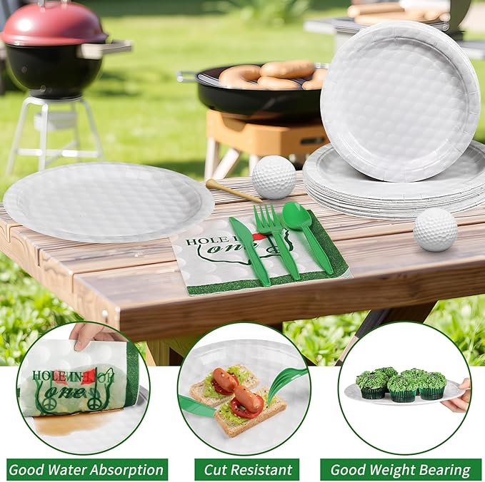 144 Pcs 3D Golf Ball Party Supplies Paper Ball Plates and Napkins Dinnerware Set Tableware Supplies Includes Paper Plates Napkins Forks Serve 24 for Birthday Sports Party decorations