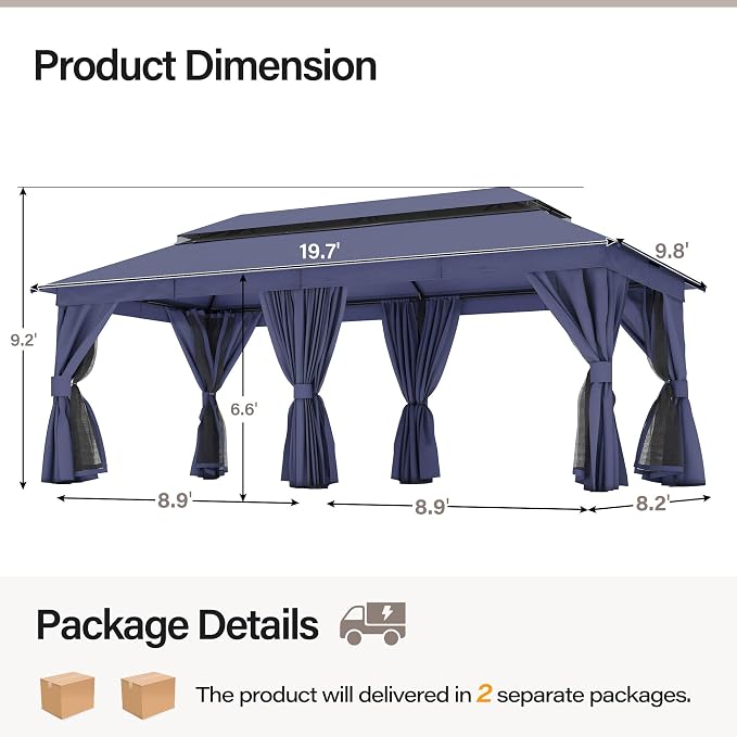 10'x20' Outdoor Gazebo, Metal Frame Heavy Duty Patio Canopy Tent Shelter - Image 2