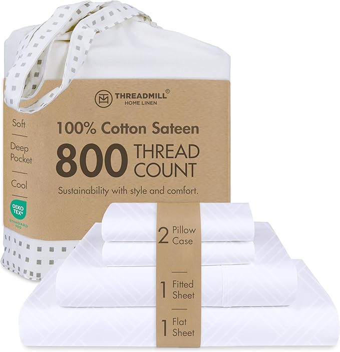 Threadmill California King Sheets - 800 Thread Count Jacquard Celine Hotel White, 100% Pure Cotton 4 Piece Striped Bed Set, ELS Cotton, Luxury Damask Sheets with Elasticized Deep Pocket