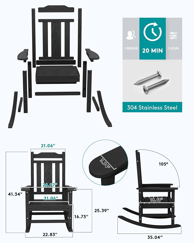 SERWALL Oversized Outdoor Rocking Chair, HDPE Patio Rocking Chair, All Weather - Image 3