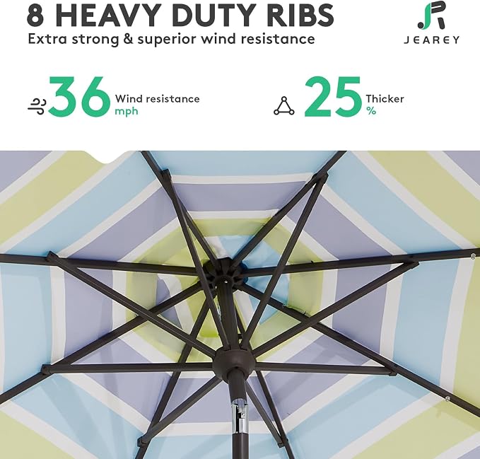 JEAREY 9FT Outdoor Patio Umbrella, Bold Blue & Green Stripe | Outdoor Table - Image 5