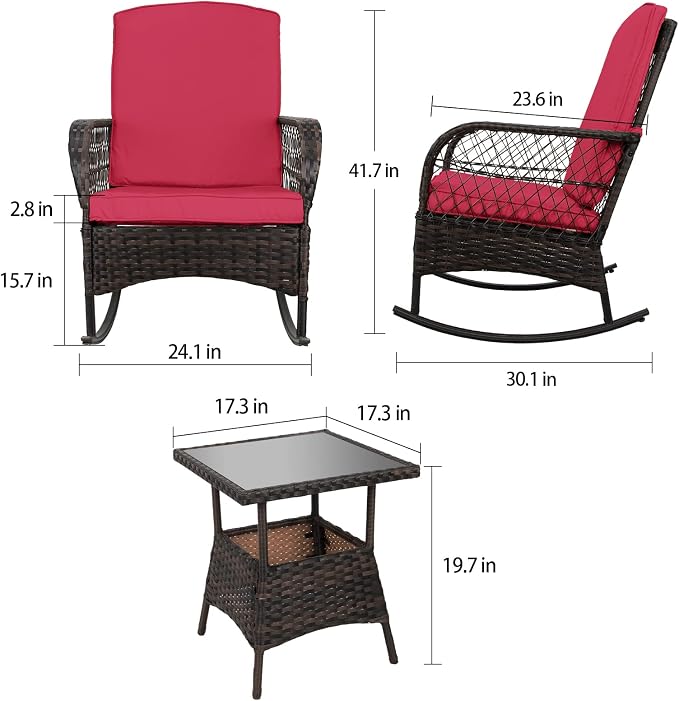 3 pcs Rocking Bistro Set Conversation Chairs PE Wicker Outdoor Rocking Chairs & - Image 3
