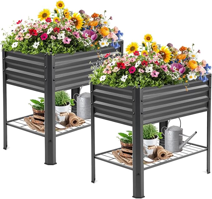 Raised Garden Bed with Legs and Shelf, Standing Raised Beds by Veezyo