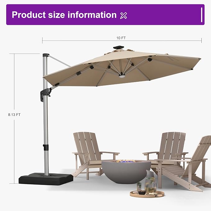 PURPLE LEAF Cantilever Patio Umbrella 10ft Round Solar LED Light, Support to - Image 8