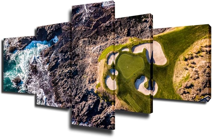 5 Panel Canvas Wall Art California Golf Links Paintings for Bedroom Ocean Stone and Green Lawn Pictures HD Prints Modern Home Decor Sea Landscape Artwork Framed Stretched Ready to Hang(50''Wx24''H)