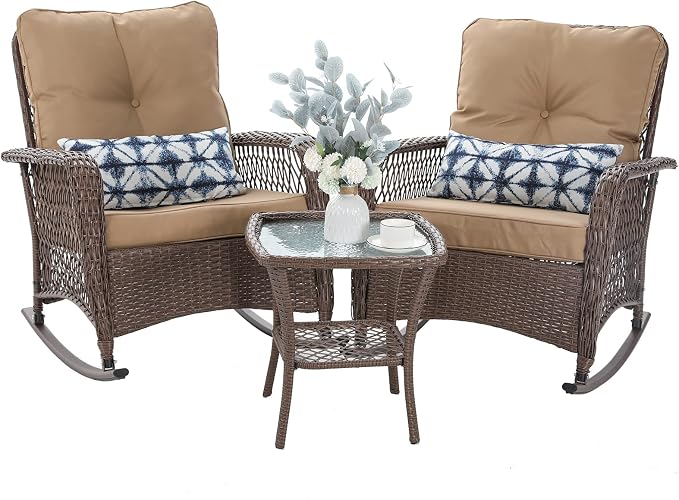 Patio Furniture Set 3 Pieces, Wicker Outdoor Rocking Bistro Set, Khaki | VONZOY by VonzoyHome