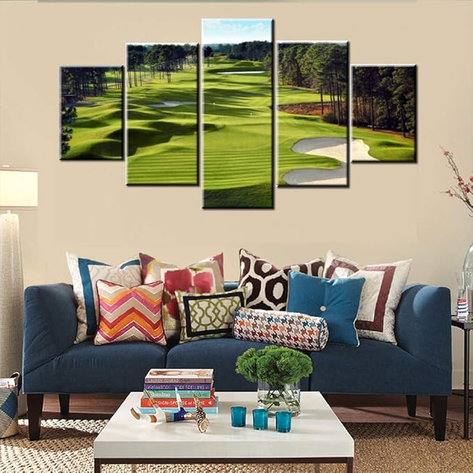 Green Golf Course Wall Art Golfing Sport Paintings for Living Room 5 Panels Prints on Canvas Bunker Pictures Landscape Artwork Gallery-Wrapped Home Modern Decor Framed Ready to Hang(60''W x 32''H)