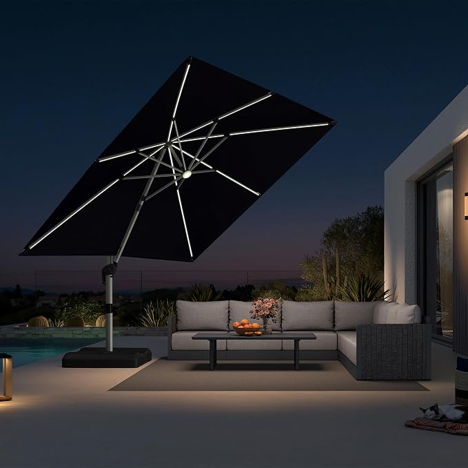 PURPLE LEAF Cantilever Umbrella 10' X 10' Solar LED Light Patio Deck, Support by PURPLELEAF