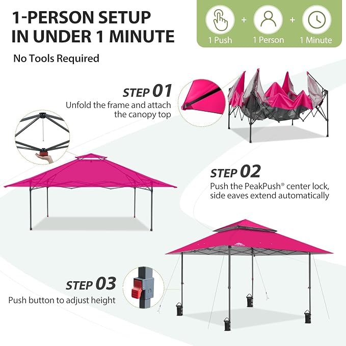 EAGLE PEAK 13x13 Pop Up Canopy Tent, Auto Extended Eaves, Deep Pink | Easy Setup - Image 7