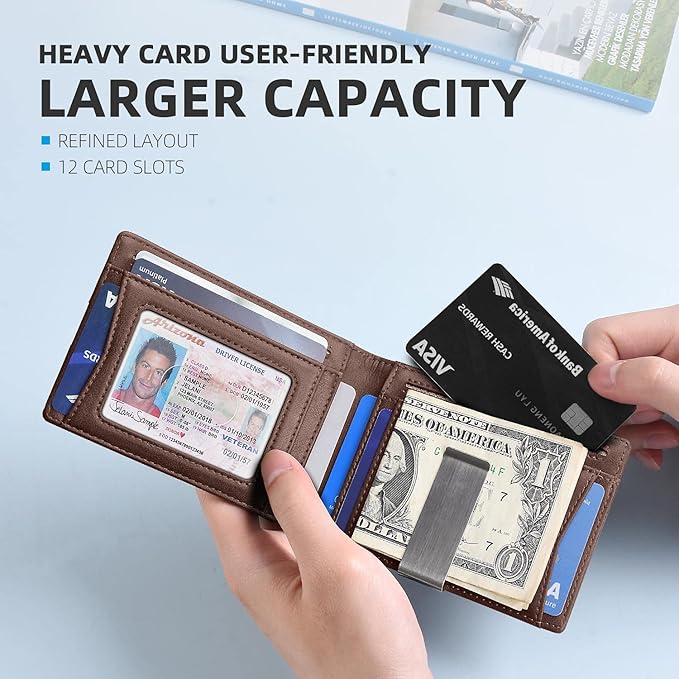 Zitahli Money Clip Wallets for Men,Slim Bifold Wallet 10-12 Cards, Mens Leather Wallet with ID Window,RFID Blocking Thin Minimalist Credit Card Holder,Gifts for Him