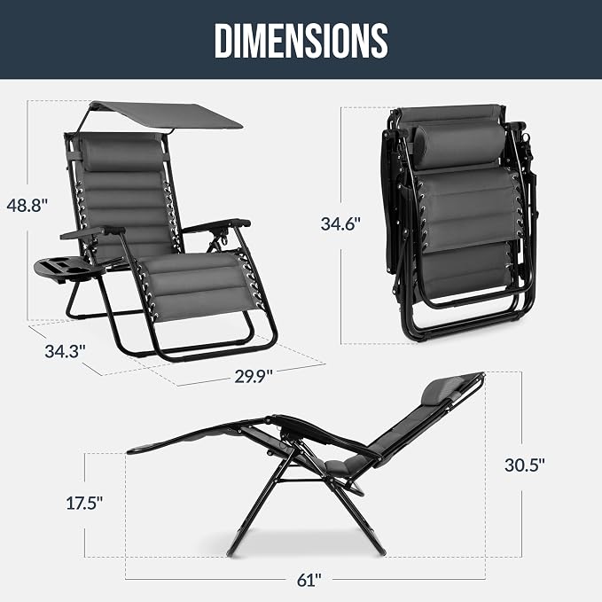 Best Choice Products Oversized Padded Zero Gravity Chair w/Canopy Headrest Cup - Image 2