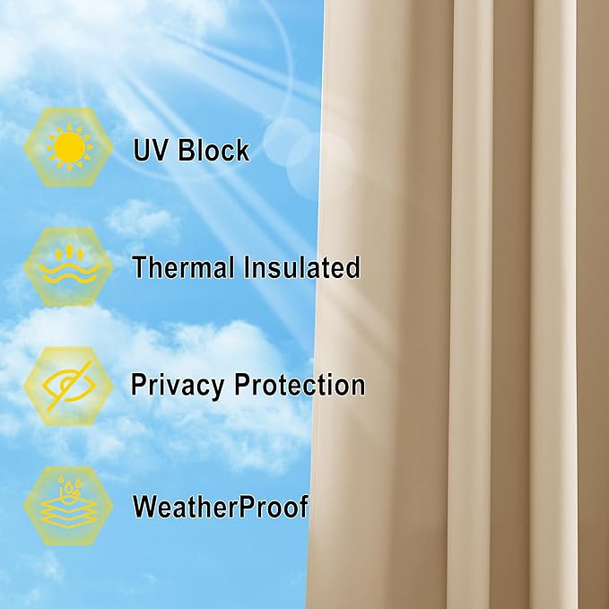 NICETOWN Outdoor Curtains for Patio Waterproof 95" L, Biscotti Beige | Blackout - Image 6