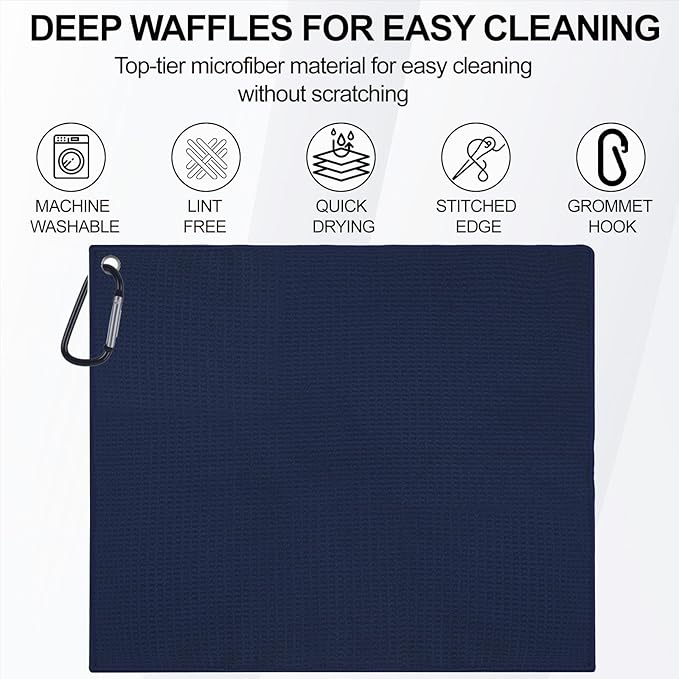 3 Pack 16" X 16" Golf Towels for Golf Bags for Men, Premium Waffle-Pattern Golf Towel with Carabiner Clip, Super Absorbent Microfiber Towel, Golf Accessories for Men, 3 Dark-Blue Colors