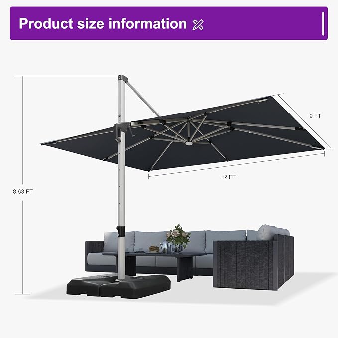 PURPLE LEAF Cantilever Umbrella 9' X 12' Solar LED Light Patio Deck, Support to - Image 9