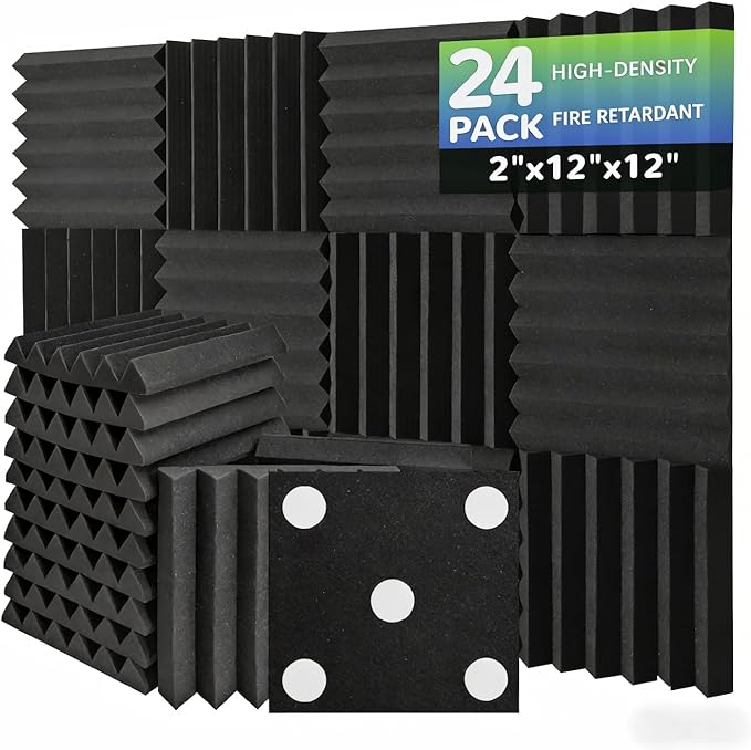 24 Pack Acoustic Foam Panels, 12 x 12 x 2 Inches Mirovant Designed Sound Proof Foam Panels for Walls Soundproofing Wedges Studio Foam Noise Absorbing Black