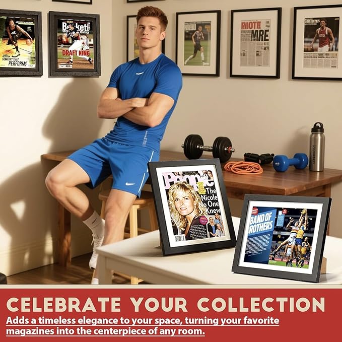 JupDec Sports Magazine Frame 4 Pack, Premium Wood Display Case for 8" x 10.5" Magazines, Wall Mount or Tabletop Stand, Layered Design with Positioning Mat, Perfect for Sports Fans & Home Decor, White