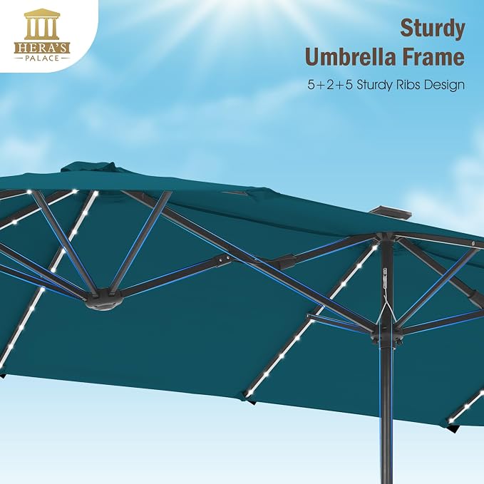 13 ft Patio Umbrella with 120 LED Solar Lights Outdoor Umbrella, Cerulean | - Image 5