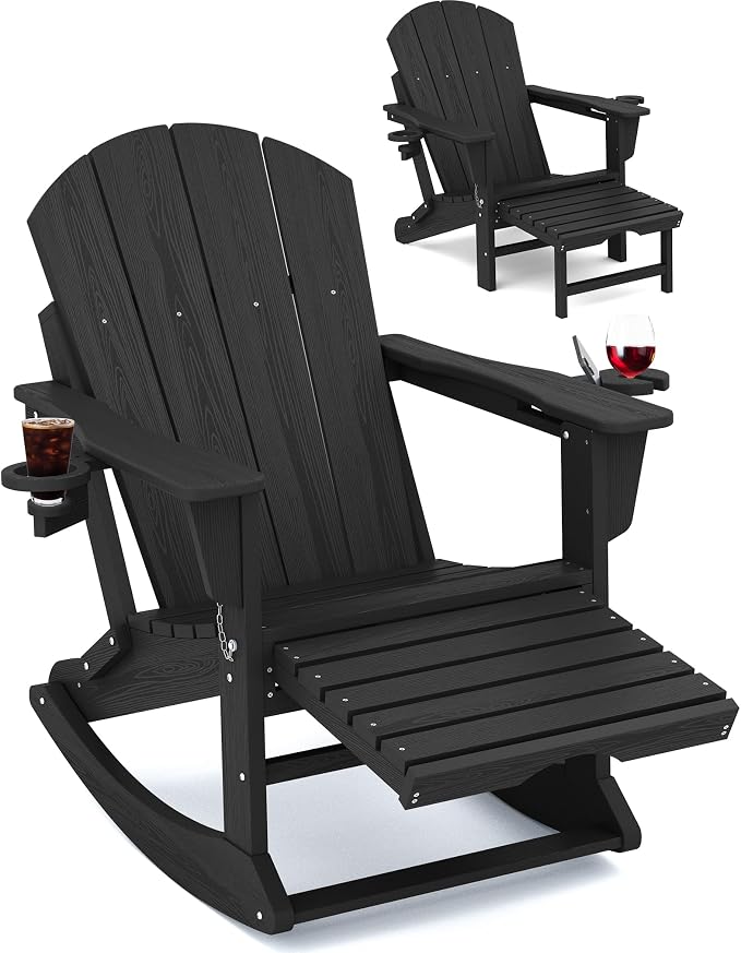 Adirondack Rocking Chair with Ottoman and Cup Holders | HDPE Porch Rocker by KINGYES