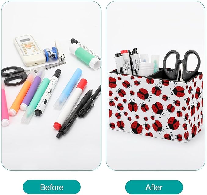 Pen Holder, Pencil Holder for Desk Organizer, Summer Red Ladybugs PU Leather Pencil Cups Desktop Stationery Storage Makeup Brush Holder Pen Organizer for Office Home