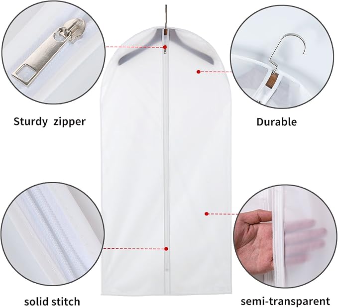 12 Pack Garment Bags for Hanging Clothes (24x40") - Dustproof Suit Bags for Closet Storage - Durable PEVA Covers with Sturdy Zipper for Coats, Jackets & Dresses (Translucent)