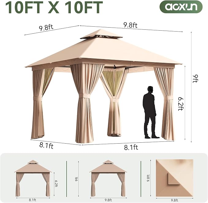 Aoxun 10x10FT Metal Frame Outdoor Gazebo w/Light, Khaki | UPF50+ Protection - Image 4