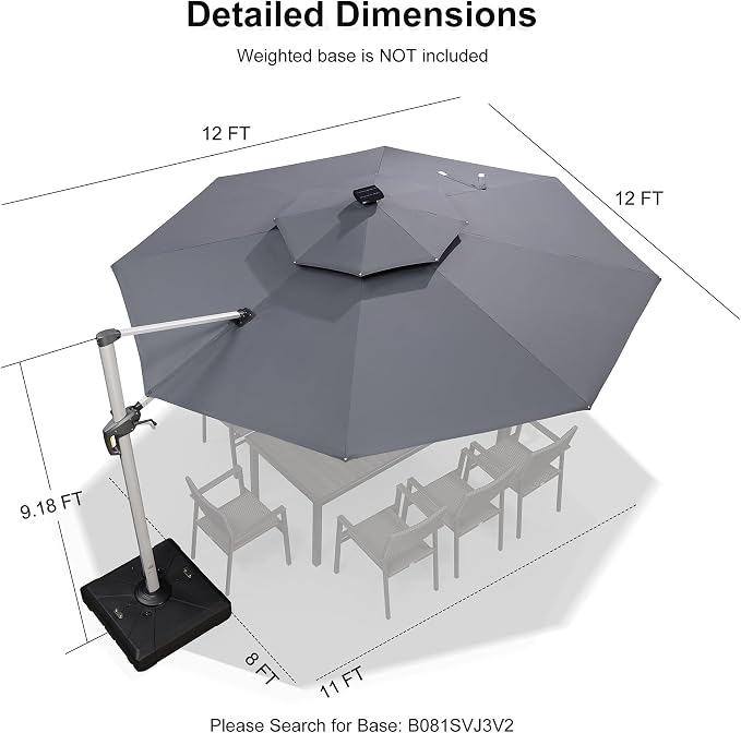 PURPLE LEAF Cantilever Umbrella 12ft Solar LED Light Double Top, Stays bright - Image 9