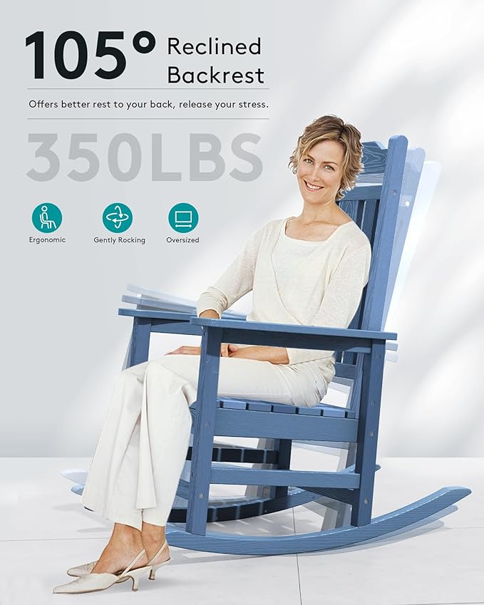 SERWALL Oversized Outdoor Rocking Chair, Patio Rocking Chair, Unique Blue | - Image 4