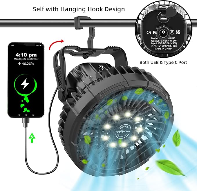 Roykaw Golf Cart Portable Rechargeable Fan Compatible with EZGO Club Car Yamaha, 10400mAh Battery Operated, 3-Gear Speed/LED Lantern, Cordless Fan with Remote/Handle/Hang Hook, USB & Type C Port