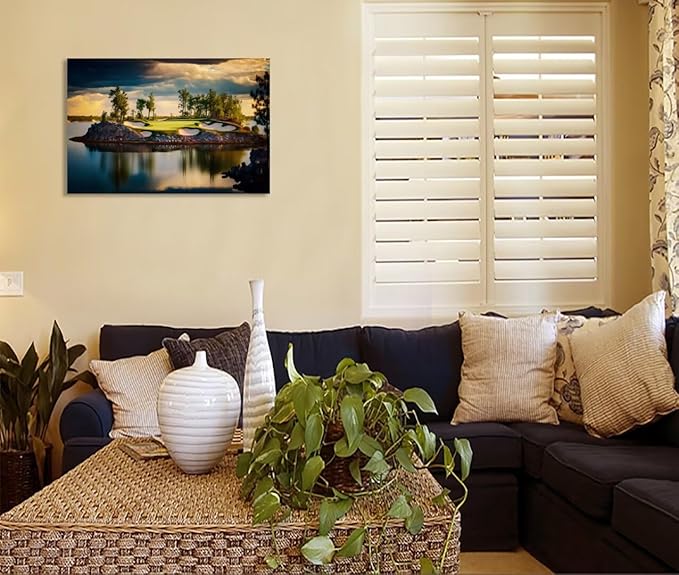 chenchenArt Sunset Landscape Golf Course Wall Art Picture Golf Course Wall Decor for Living Room Bedroom Bathroom Home Decorations Canvas Prints Framed Ready to Hang(18''H x 24''W)