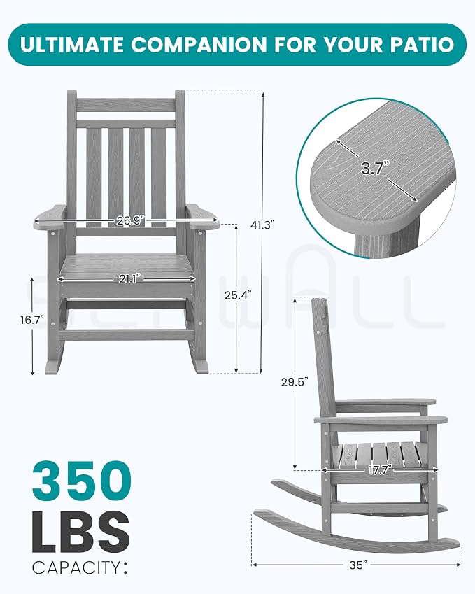 SERWALL Outdoor Rocking Chair Set of 2, Sliver Gray | 21.1" Widened Seat adds - Image 3