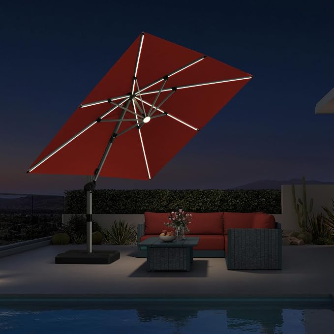 PURPLE LEAF Cantilever Patio Umbrella 9' X 9' Solar LED Light, Brick Red | by PURPLELEAF