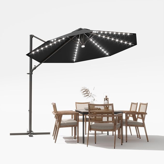 Devoko 10ft Solar LED Patio Umbrella, Round Cantilever Outdoor Umbrella by DEVOKO