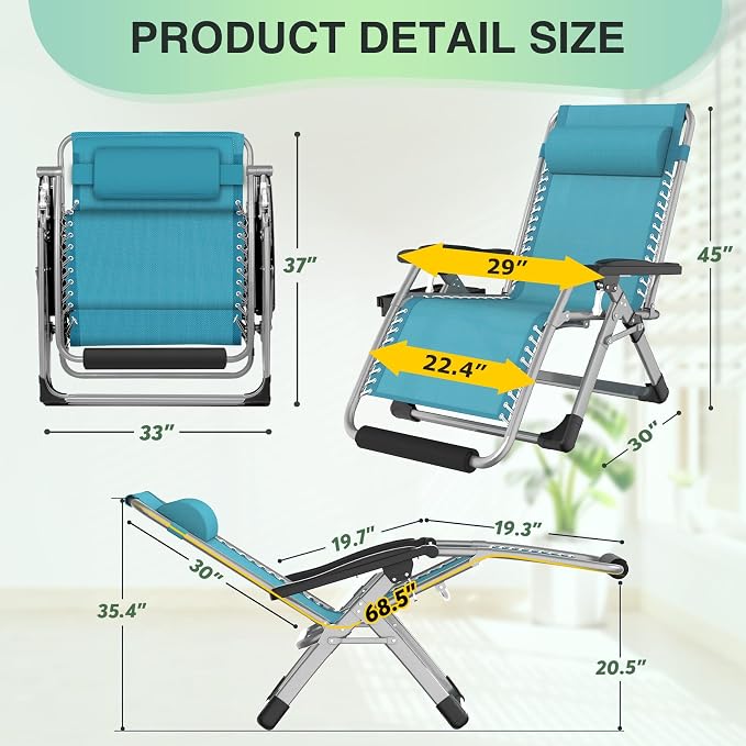 Suteck Oversized Zero Gravity Chair, 500LBS 29In XL Outdoor Recliner Chairs | - Image 2