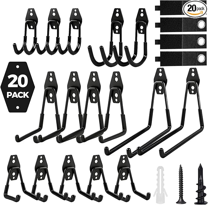 Garage Hooks Heavy Duty - 20 Pack Garage Wall Hangers with Anti-Slip Coating for Hanging Bikes Ladders Garden Tools