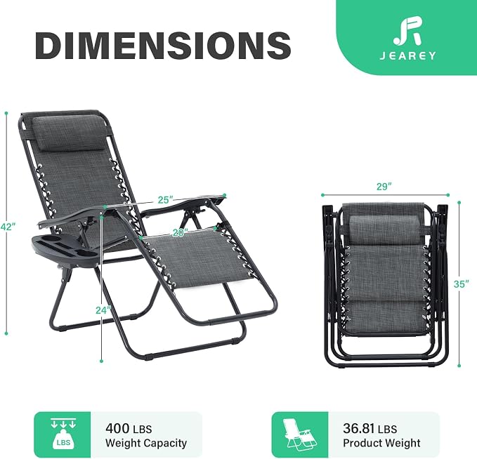 JEAREY Zero Gravity Chairs 2 Set, Adjustable Patio Recliners, Dark Grey | 400 - Image 3
