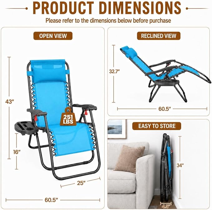 Yaheetech 26" Zero Gravity Recliners Adjustable Set of 2, Light Blue | Outdoor - Image 2
